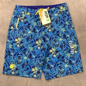 Stio CFS Board Shorts Mens 32 Blue Yellow Tropical Drawstring Zip Pocket NEW